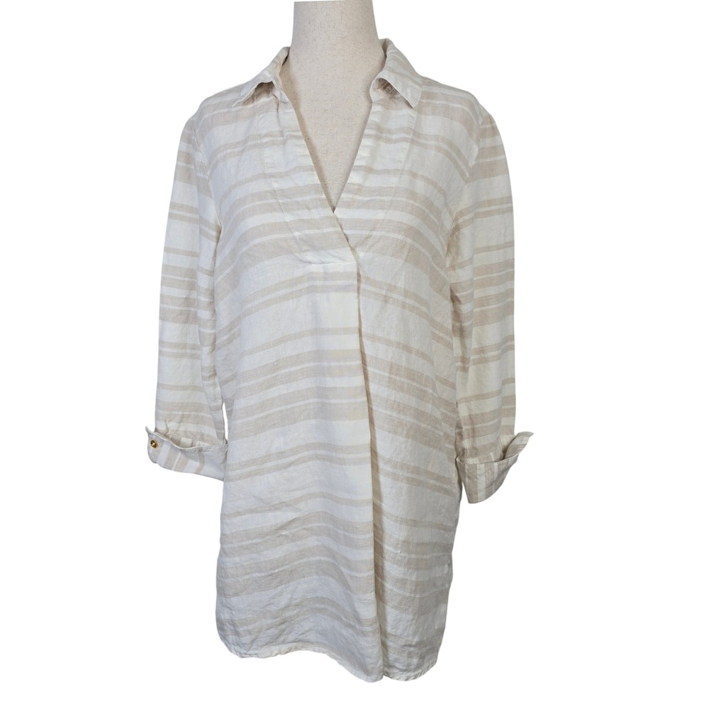 Ellen Tracy Womens Linen Striped V-Neck Tunic Blouse Tan Cream Small
